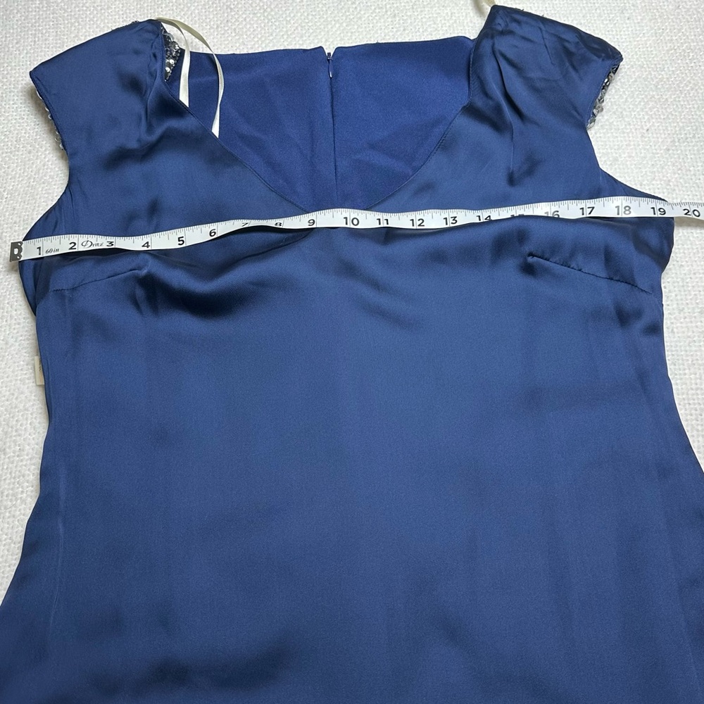 Marchesa Notte Blue Silk Evening Gown Beaded Shoulders V Neck Sleeveless 10 - Picture 11 of 13